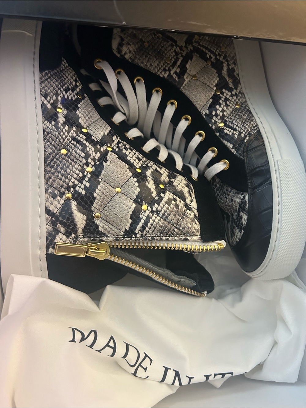 High-Top Snake-Print Sneakers with Gold Zip Detail custom made from Italy 🇮🇹